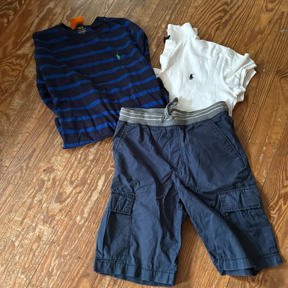 THREE items Ralph Lauren Long sleeve shirt14/16 &Lg PoloOld Navy shorts(14/16)